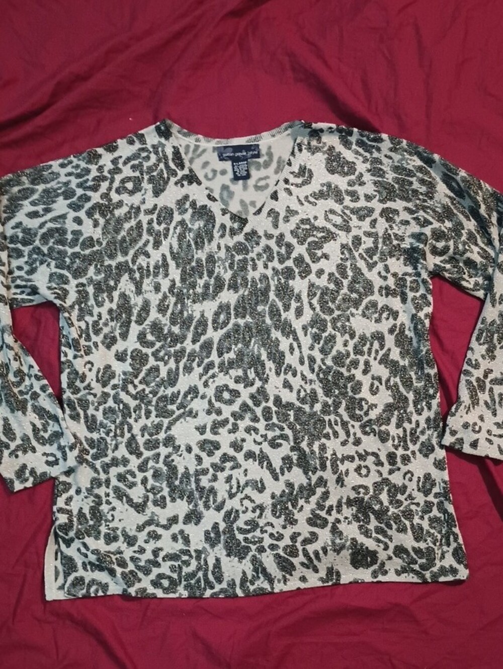 Susan Graver Style Black & Gray Sparkle Leopard Print V‑Neck Sweater Woman's XL